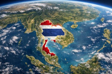 Aerial view of Southeast Asia with the Thai flag overlaying Thailand, showcasing the country's vibrant landscape and cultural identity.