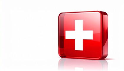 Obraz premium Glossy red square button with white medical cross symbol centered on plain background.