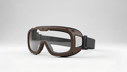 Stylish retro-futuristic goggles with clear lenses and brown leather accents, designed for protection.