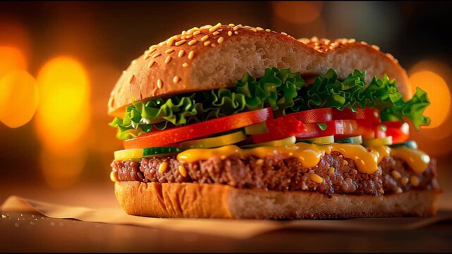Juicy burger cross-section with warm light