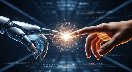 AI and human collaboration concept showing robotic hand and human hand touching, glowing interface, dark tech background