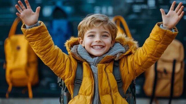 Cheerful elementary student in warm winter coat with backpack, smiling broadly with arms outstretched in pure excitement.