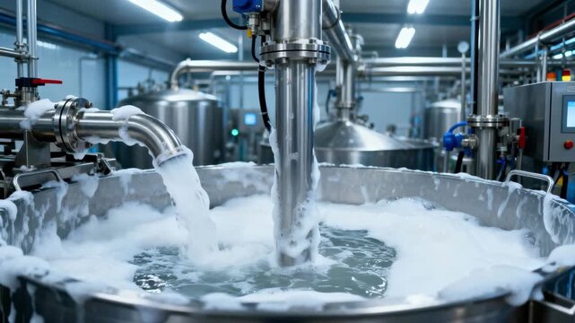 Medium shot of an automated CIP system using foaming agents to clean and sanitize food processing tanks and pipelines efficiently.