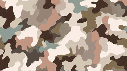 Brown, green, and beige colors create a camouflage pattern on fabric