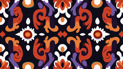 Fototapeta premium Vibrant abstract pattern with swirling shapes and floral motifs on black background