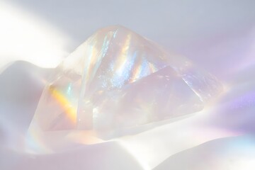 Fototapeta premium Beautiful crystal stone with colorful light refraction effects sitting on soft white fabric background creates ethereal atmosphere of peaceful luxury suitable for modern interior design decoration