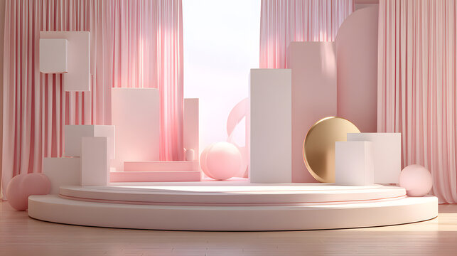 The image shows a festive scene with a white podium in the center, surrounded by hanging heart-shaped decorations and flowers in vases. The background features a soft, blurred light that creates a war