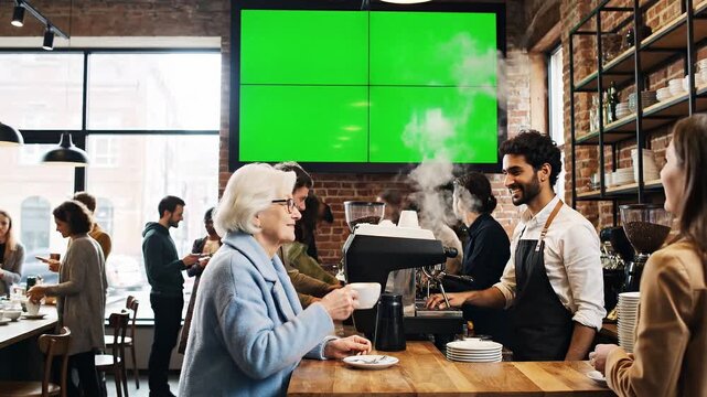 A barista serves coffee to a smiling elderly woman in a busy modern cafe with a green video screen on transparent background