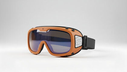 Modern orange ski goggles with tinted blue lens and black strap, futuristic design for winter sports, isolated on a white background.