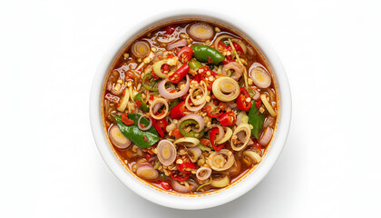 Spicy and flavorful Thai Tom Yum soup with fresh chili, lemongrass, lime leaves and shallots, overhead view, isolated on white.