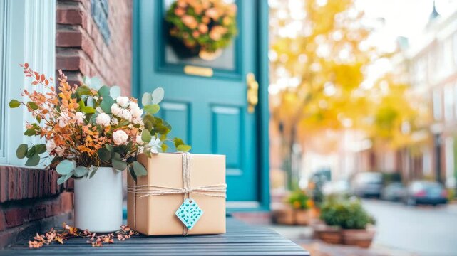 Charming autumn doorstep scene featuring rustic gift package and elegant floral arrangement beside welcoming teal entrance.