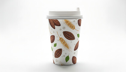 Paper coffee cup with lid, decorated with a charming pattern of almonds, cocoa beans, wheat stalks and green leaves on white background.