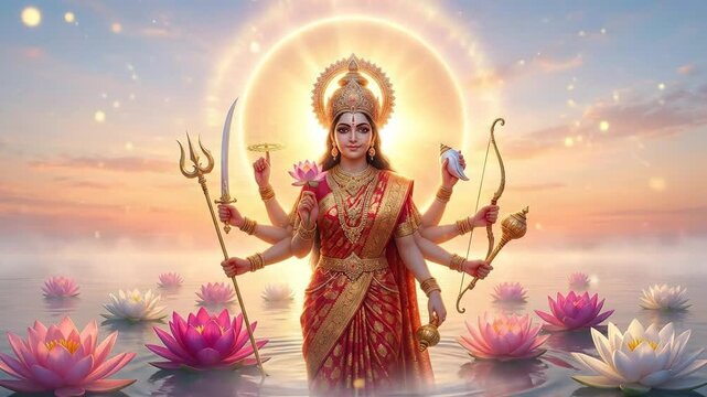 Spiritual goddess durga emerges from misty water with a glowing aura, celebrating chaitra navratri.