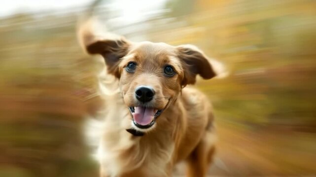 Joyful dog running freely in autumn forest captured in motion sequence