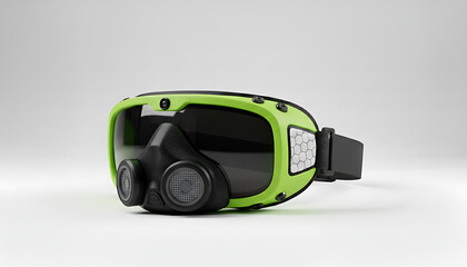 Futuristic neon green ski goggles with integrated carbon fiber respirator mask for extreme sports protection, isolated on white.