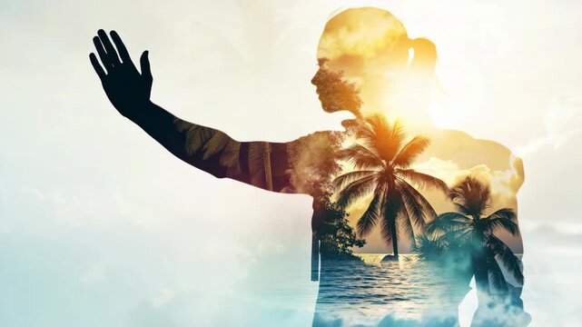 Tropical sunset overlap: woman gesturing in ocean paradise transparency