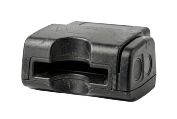 Black plastic industrial sensor housing unit. Heavy duty electronic component.