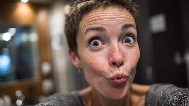 Femme exprimant la surprise avec de grands yeux et bouche pinc&eacute;e