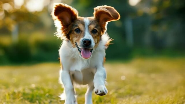 Energetic dog joyfully running across sunlit park in golden hour bliss
