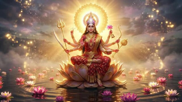 Ethereal digital illustration of goddess durga manifesting divinely on a lotus for chaitra navratri.