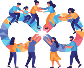 A diverse group of people joining puzzle pieces in a colorful circular formation, symbolizing unity and cooperation on World Autism Awareness Day. Perfect for social media campaigns,