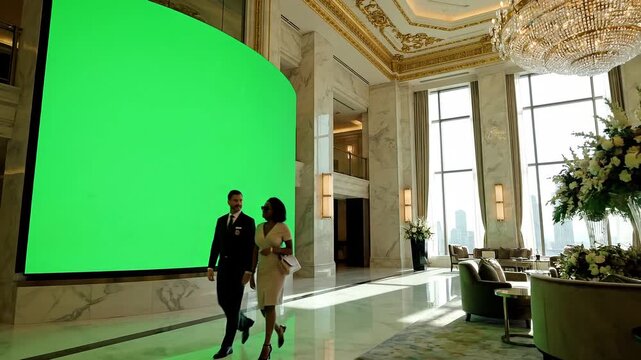 A large green screen in a luxurious hotel lobby with people walking by, video