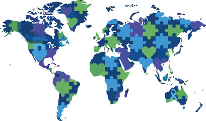 Fototapeta premium A colorful world map with puzzle pieces and hearts in various shades of blue, green, and purple, symbolizing World Autism Awareness Day. Perfect for awareness campaigns, educational