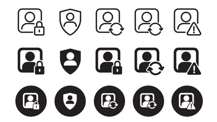 Security user icons set with lock shield and warning on transparent background silhouette