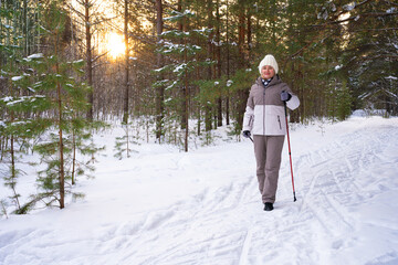 Woman Nordic Walking in Winter Park. Healthy lifestyle.