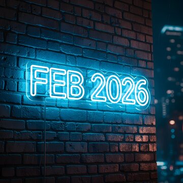Neon fib 2026 glowing on a dark city wall in a winter-themed scene.