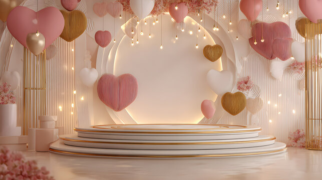 image shows a festive scene with a pink podium in the center, surrounded by hanging heart-shaped decorations and flowers in vases. Romantic and realistic 