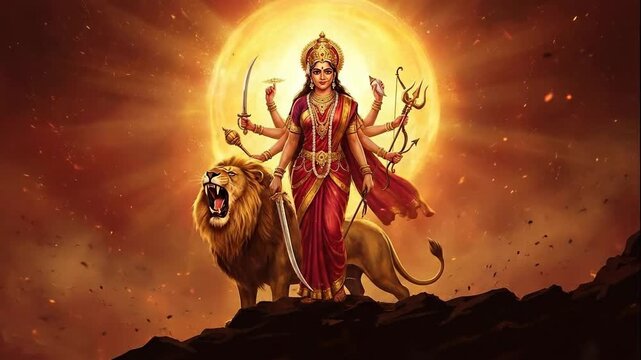 Golden digital illustration of goddess durga standing with her lion against a brilliant sun for chaitra navratri.