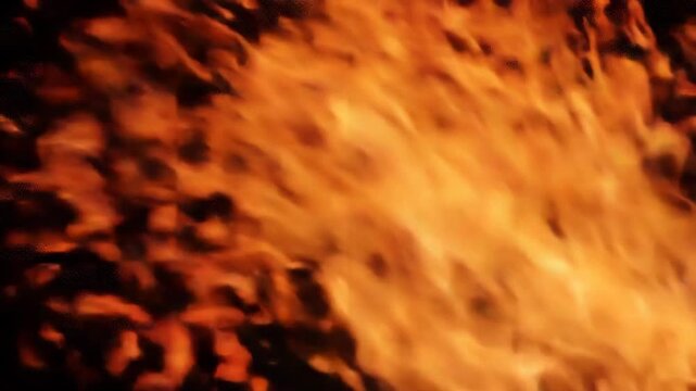Abstract fiery background with bright orange flames and flying sparks against black backdrop.