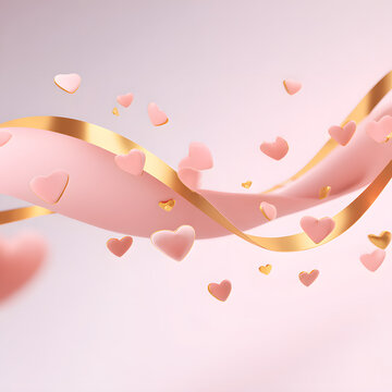 The image features pink and gold ribbons swirling in the air, interspersed with pink and gold heart-shaped confetti. The background is a soft, gradient pink, festive feel