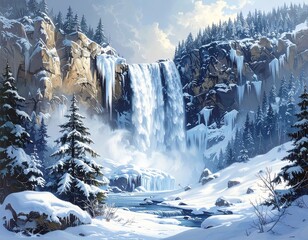 Frozen waterfall with icicles in snowy forest