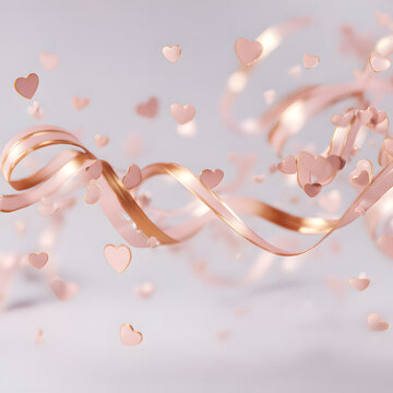 The image features pink and gold ribbons swirling in the air, interspersed with pink and gold heart-shaped confetti. The background is a soft, gradient pink, festive feel