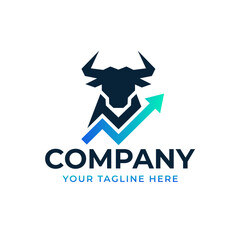 Modern bull head logo with upward financial arrow. Vector symbol for stock market, trading, investment, and business growth branding. Geometric creative template.