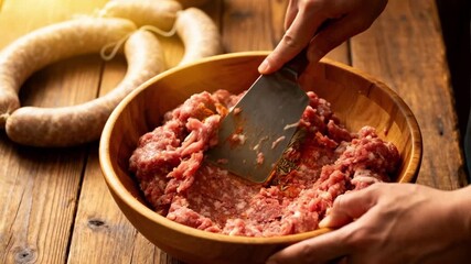 Medium shot of ground meat and spices being carefully blended for sausage stuffing with natural casings highlighting artisanal preparation and traditional methods.