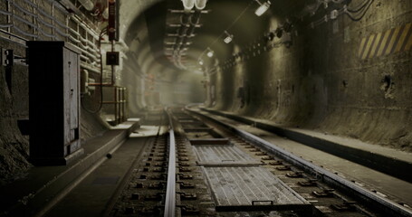 Fototapeta premium well lit subway tunnel with control box and cable bundles, clean concrete surfaces, access catwalk and inspection hatch, orderly equipment racks and visible