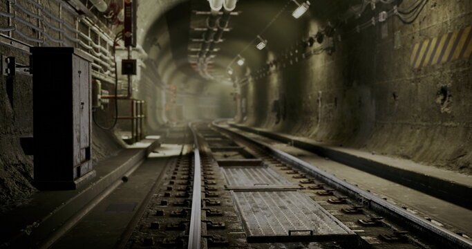 well lit subway tunnel with control box and cable bundles, clean concrete surfaces, access catwalk and inspection hatch, orderly equipment racks and visible