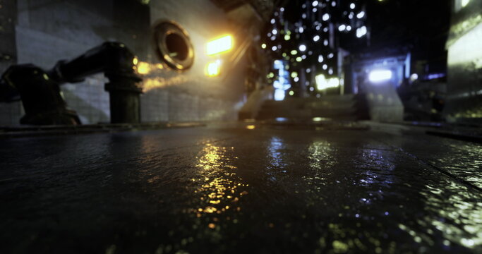 Lowangle wet metal floor with reflections, neon bokeh and industrial pipes, puddles and oily sheen, steam and lens glare, cinematic cyberpunk tension evoking