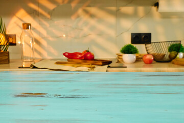 Bright kitchen scene with fresh produce and natural light creating a warm atmosphere in the afternoon copy space