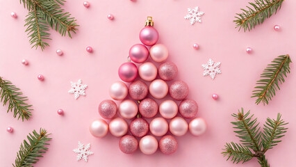 Decorative pink ornament tree with snowflakes, pink beads, and pine branches on a pink background during a holiday celebration