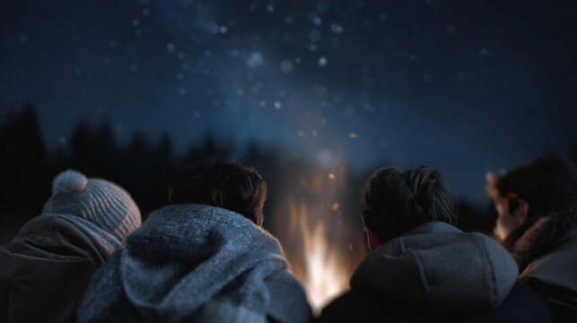 Group of friends sitting by campfire under starry night sky.