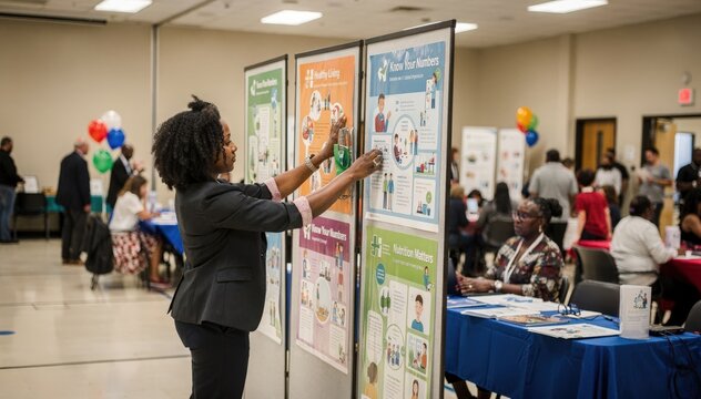 Community center indoor health fair with a volunteer placing educational posters on display boards capturing numerous blurred attendees engaging in other areas behind.