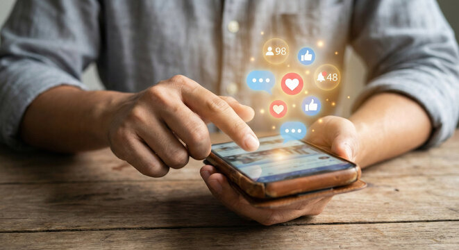 The image captures the moment a hand interacts with a smartphone screen displaying social media icons representing engagement and connection.