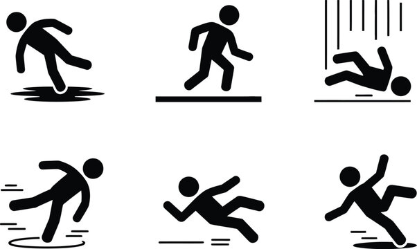 Collection of icons depicting various falling and slipping accidents