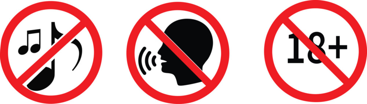 Set of prohibition signs: no music, no talking, and not for under 18