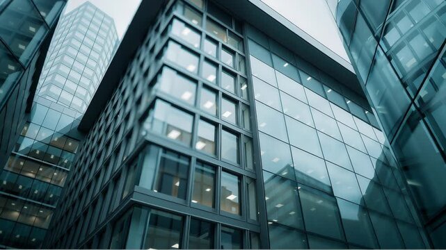 Sleek glass office courtyard with reflective facades, slow dolly video