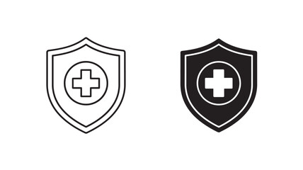 Two medical shield icons with a plus symbol on transparent background silhouette